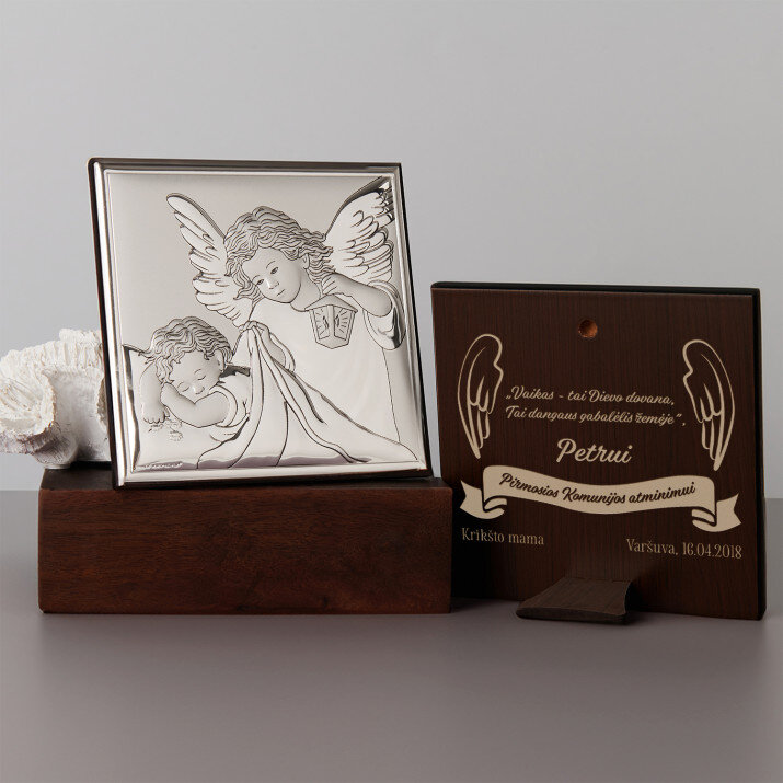 Dievo angele - Angelas su žibintu - Sidabrinis Graviruotas paveikslėlis