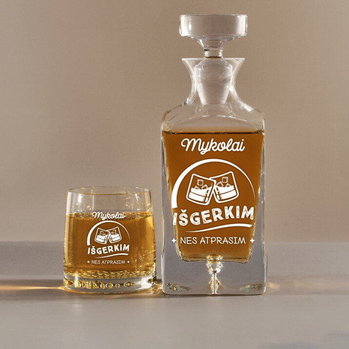 Išgerkim nes atprasim - Graviruotų grafino ir viskio taurių rinkinys