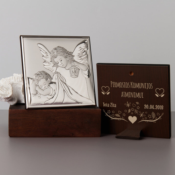 Krikštynų atminimui - Angelai virš vaiko – širdis – Sidabrinis paveikslėlis