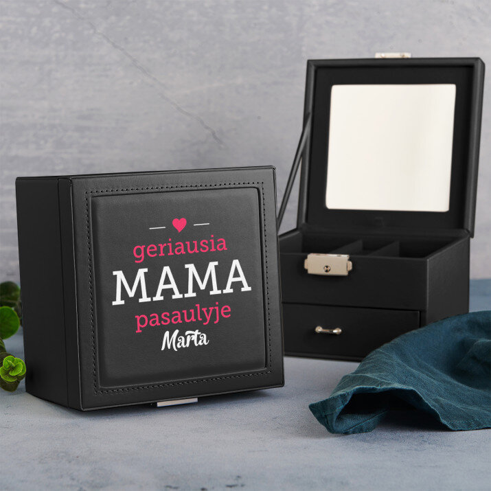 Geriausia mama - Juoda papuošalų dėžutė su veidrodžiu