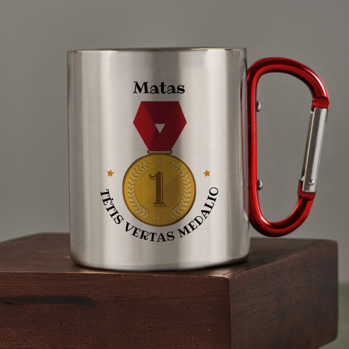tėtis vertas medalio - Metalinis puodelis su karabinu