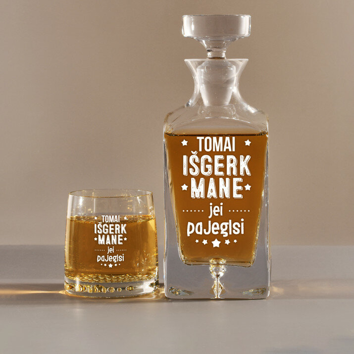Išgerk mane - Graviruotų grafino ir viskio taurių rinkinys