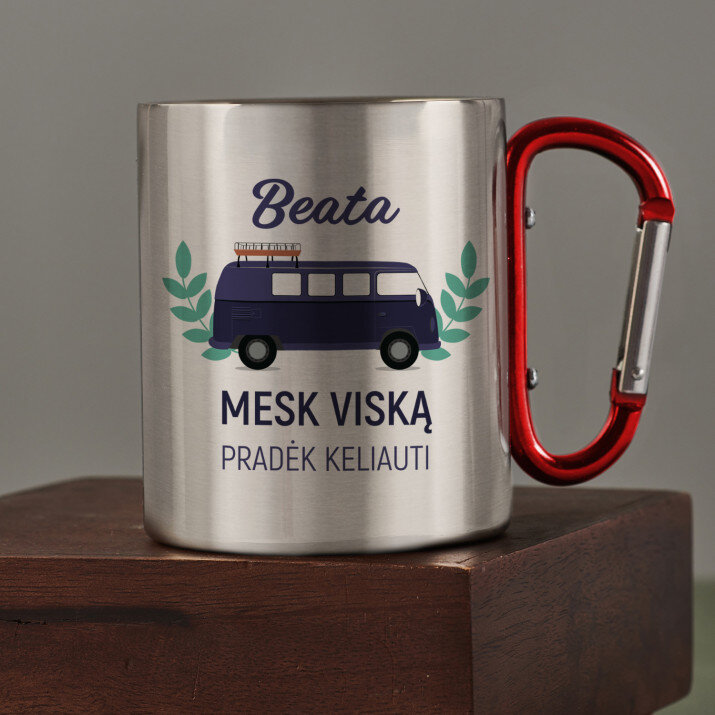 pradėk keliauti - Metalinis puodelis su karabinu pradėk keliauti - Metalinis puodelis su karabinu