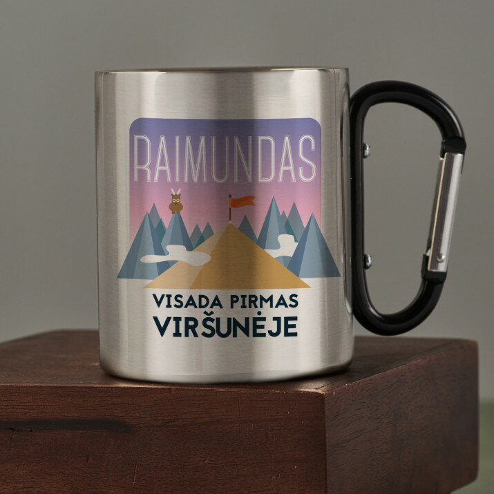 Visada pirmas viršunėje - Metalinis puodelis su karabinu