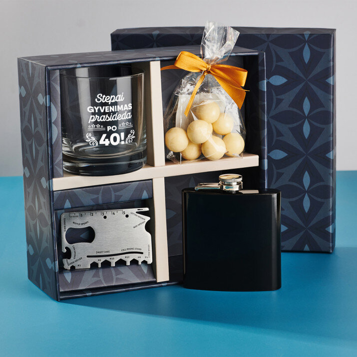 Dovanų rinkinys su viskio stikline 40-ojo gimtadienio proga